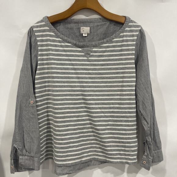 Anthropologie Postmark Long Sleeve Grey Striped Blouse Sz S Boxy Beachy Top - Picture 1 of 9
